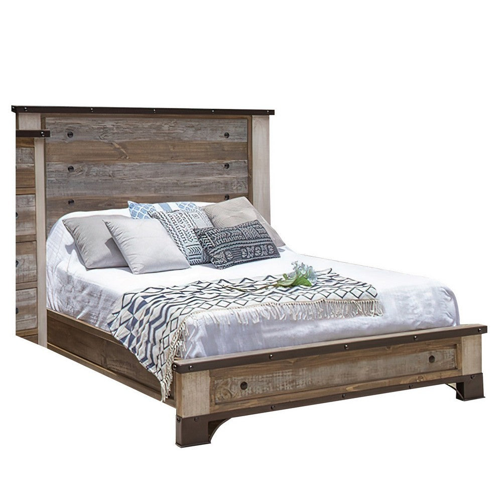 Fena King Size Bed, Round Black Nailheads, Distressed Wood Multicolor Brown By Casagear Home