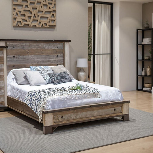 Fena Queen Size Bed, Round Black Nailheads, Distressed, Multicolor Brown By Casagear Home