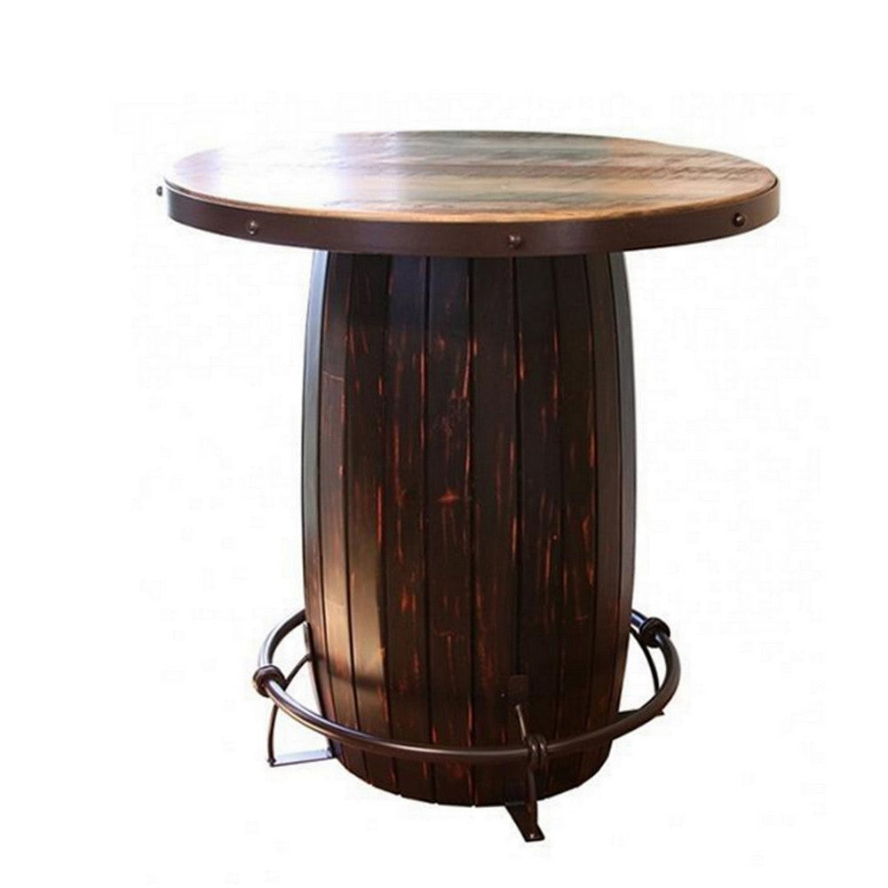 40 Inch Bistro Table Drum Base and Round Top Barrel Design Brown Tones By Casagear Home BM307500