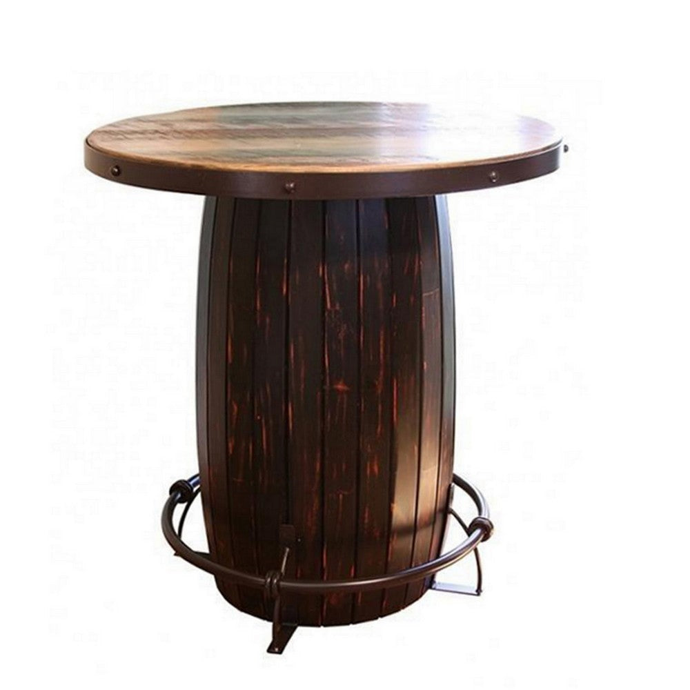 40 Inch Bistro Table, Drum Base and Round Top, Barrel Design, Brown Tones By Casagear Home