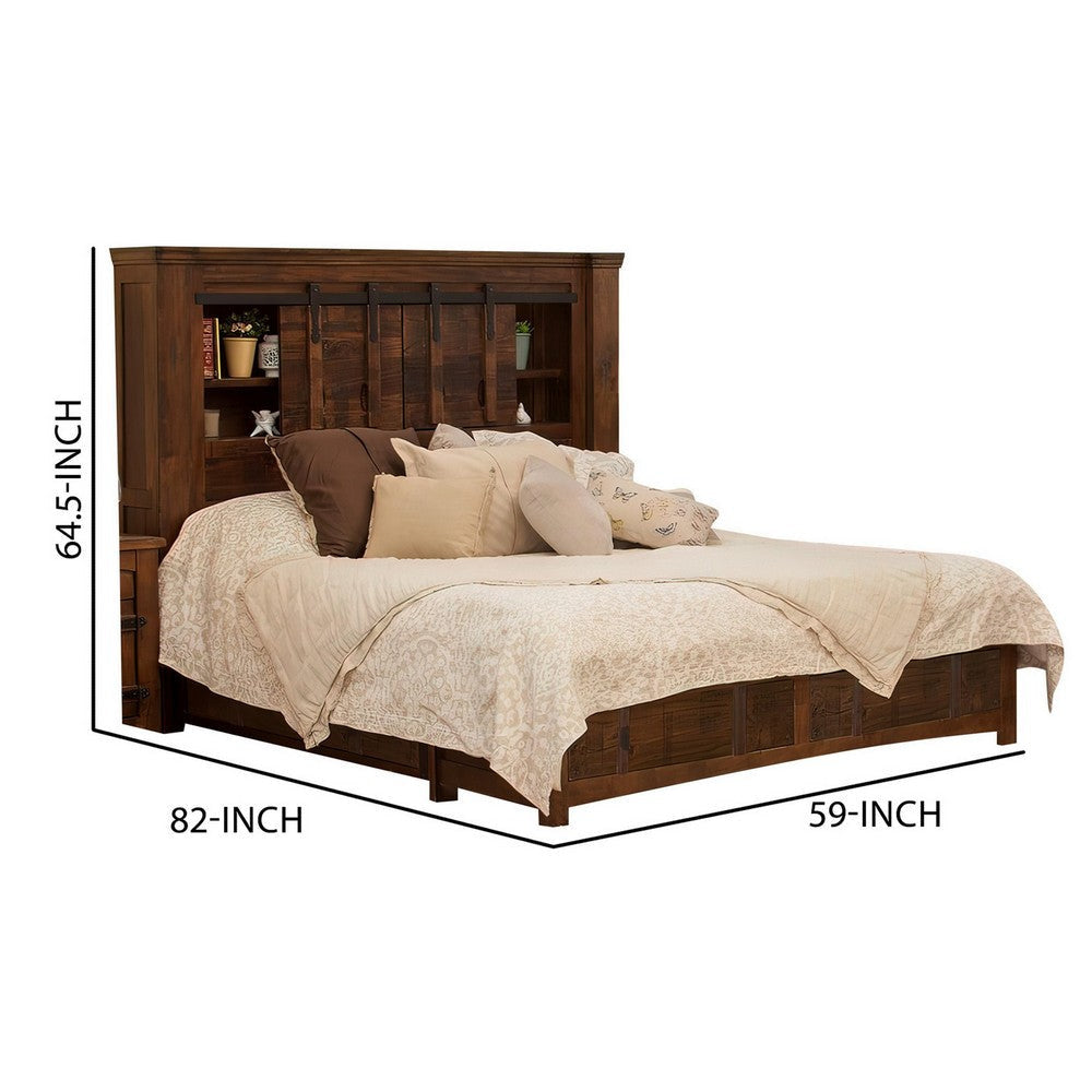 Maye King Size Bed 2 Drawers Fixed Shelves Deep Rustic Brown Finish By Casagear Home BM307503