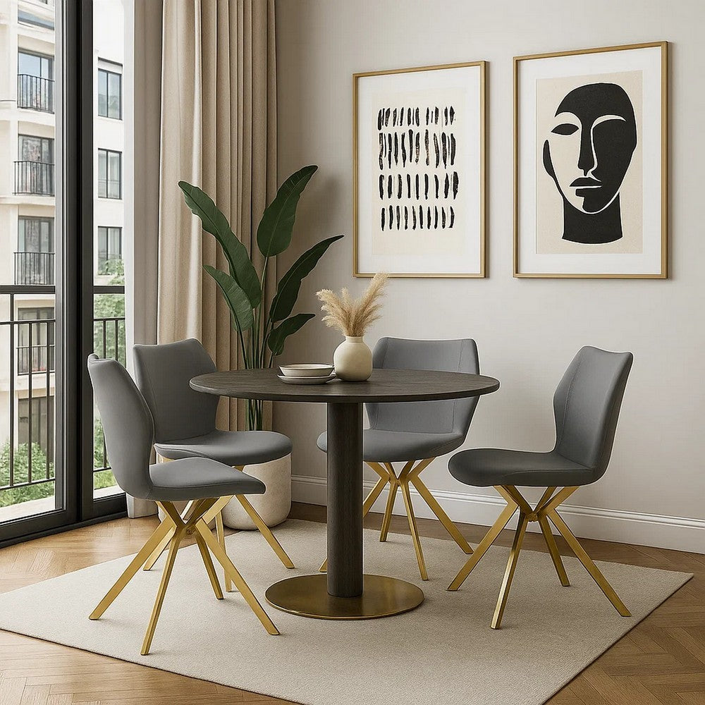Anne 20 Inch Dining Chair, Set of 4, Vegan Faux Leather, Gold Legs, Gray By Casagear Home