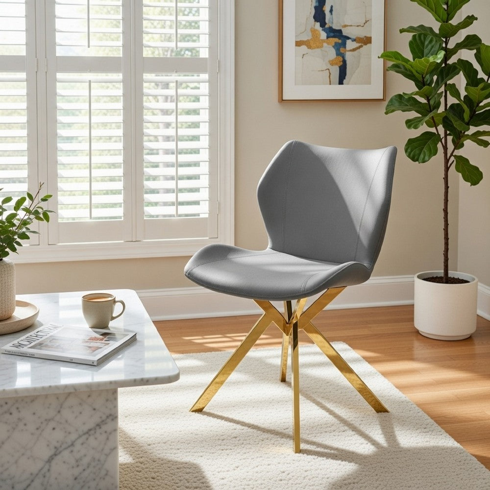 Anne 20 Inch Dining Chair, Set of 4, Vegan Faux Leather, Gold Legs, Gray By Casagear Home