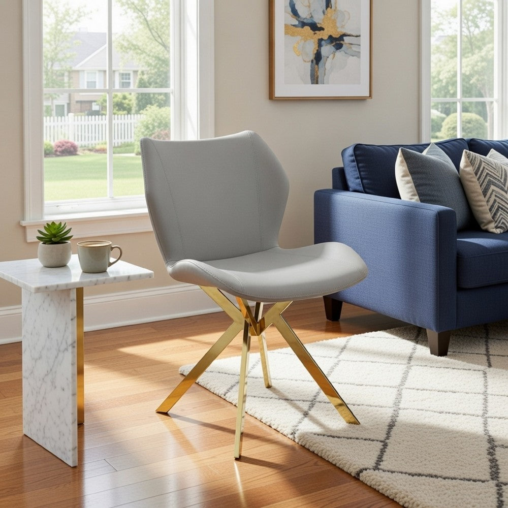 Anne 20 Inch Dining Chair, Set of 4, Vegan Faux Leather, Gold Legs, Gray By Casagear Home