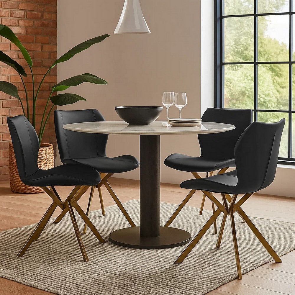Anne 20 Inch Dining Chair, Set of 4, Vegan Faux Leather, Gold Legs, Black By Casagear Home