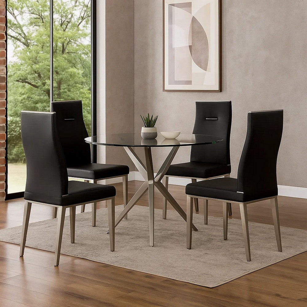 Bea 20 Inch Dining Chair, Set of 4, Stainless Steel, Faux Leather, Black By Casagear Home