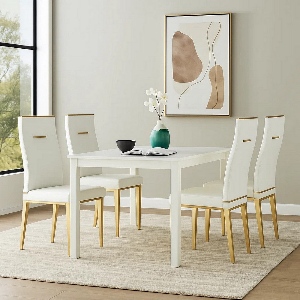 20 Inch Dining Chair, Set of 4, Gold Metal Base, Vegan Leather, White  By Casagear Home