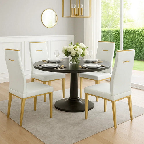 20 Inch Dining Chair, Set of 4, Gold Metal Base, Vegan Leather, White  By Casagear Home