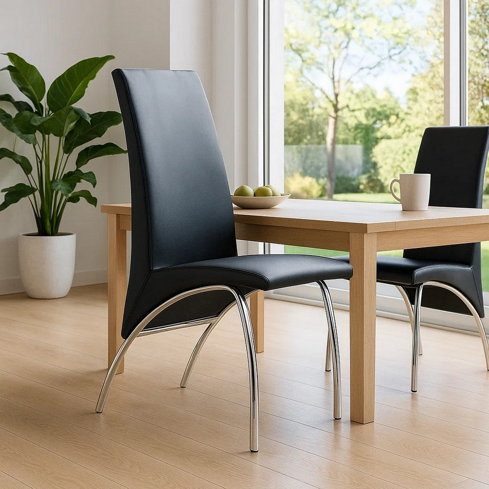 Cai 17 Inch Accent Chair, Set of 2, Chrome Legs, Vegan Faux Leather, Black By Casagear Home