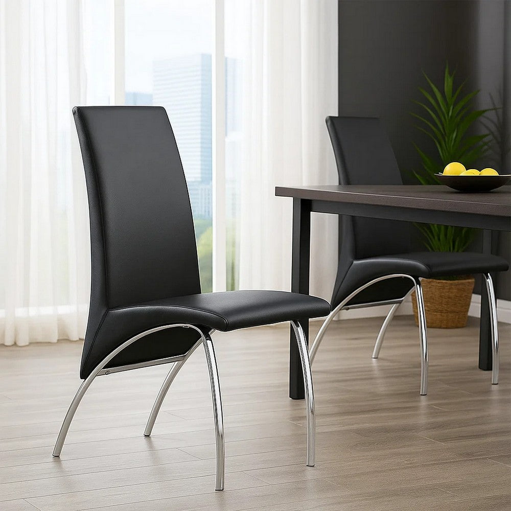 Cai 17 Inch Accent Chair, Set of 2, Chrome Legs, Vegan Faux Leather, Black By Casagear Home