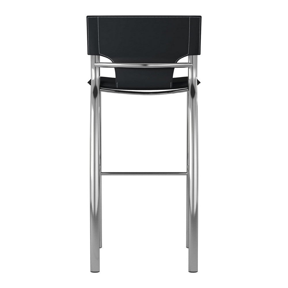 Suze 30 Inch Metal Bar Chair Set of 2 Chrome Base Black Vegan Leather By Casagear Home BM307531