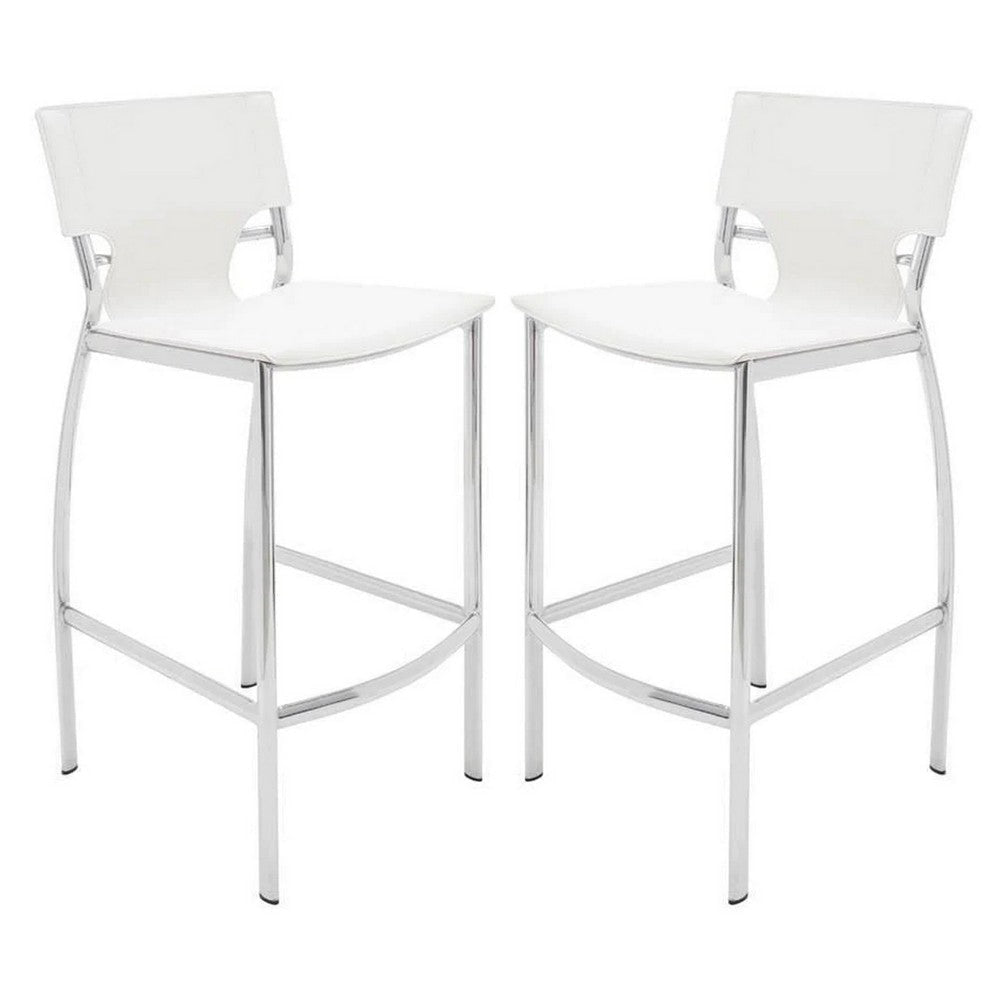 Suze 30 Inch Metal Bar Chair, Set of 2, Chrome Base, White Vegan Leather By Casagear Home