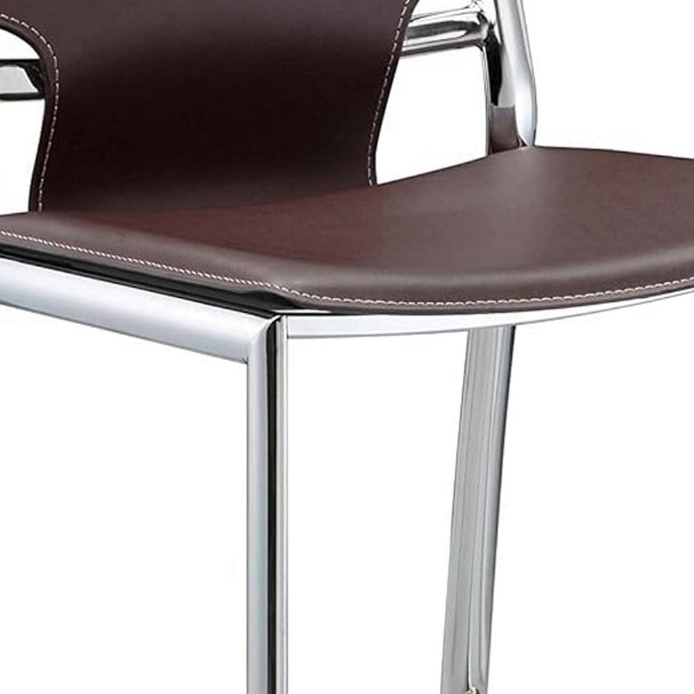 Suze 30 Inch Metal Bar Chair Chrome Base Brown Vegan Leather Upholstery By Casagear Home BM307533