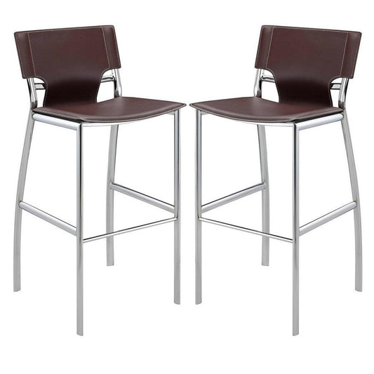 Suze 30 Inch Metal Bar Chair, Set of 2, Chrome Base, Brown Vegan Leather Upholstery