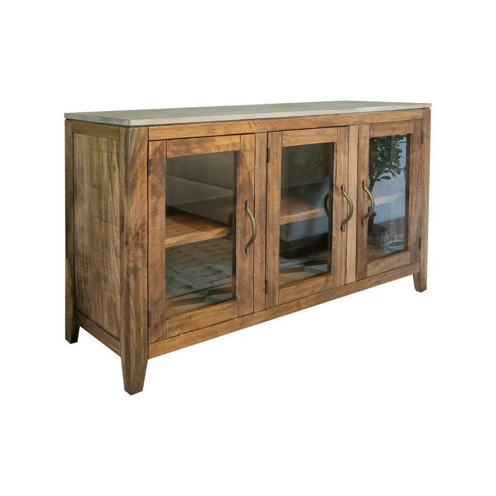 Asic 57 Inch Sideboard Console Cabinet, Glass Doors, Rustic Brown, Shelf By Casagear Home