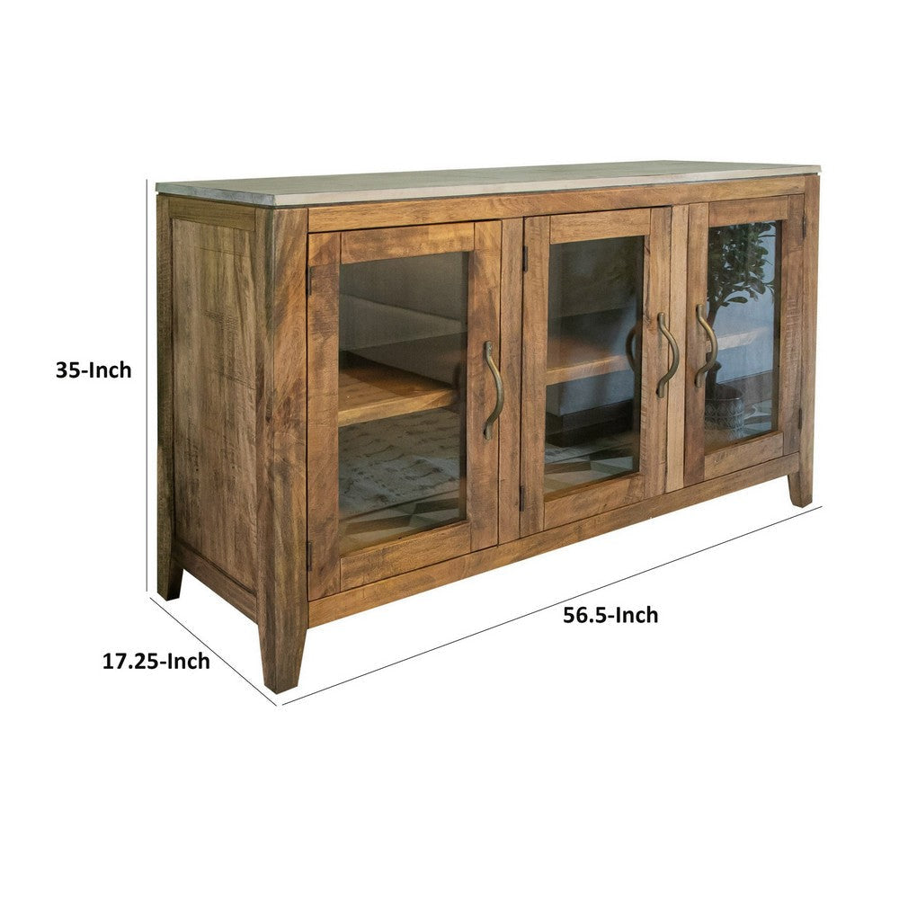 Asic 57 Inch Sideboard Console Cabinet Glass Doors Rustic Brown Shelf By Casagear Home BM307547