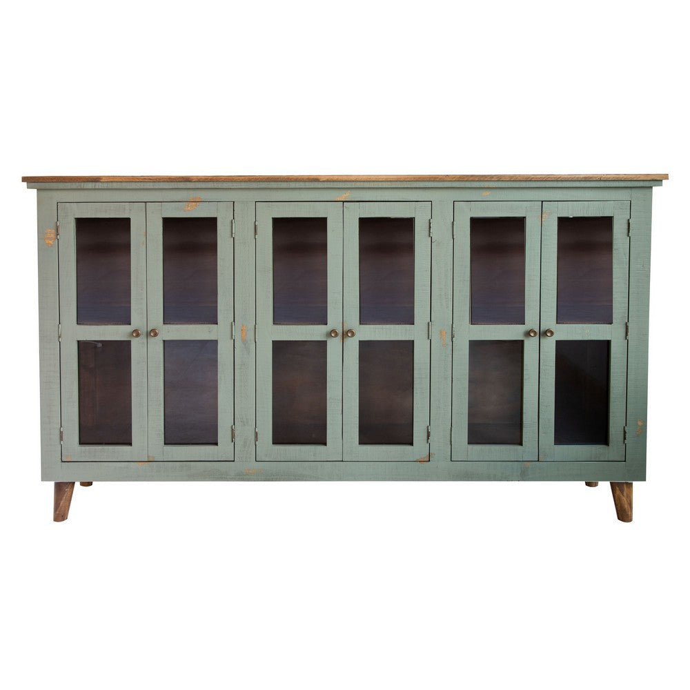 Lina 72 Inch Sideboard Buffet Cabinet 3 Glass Doors Sage Green Pine By Casagear Home BM307555