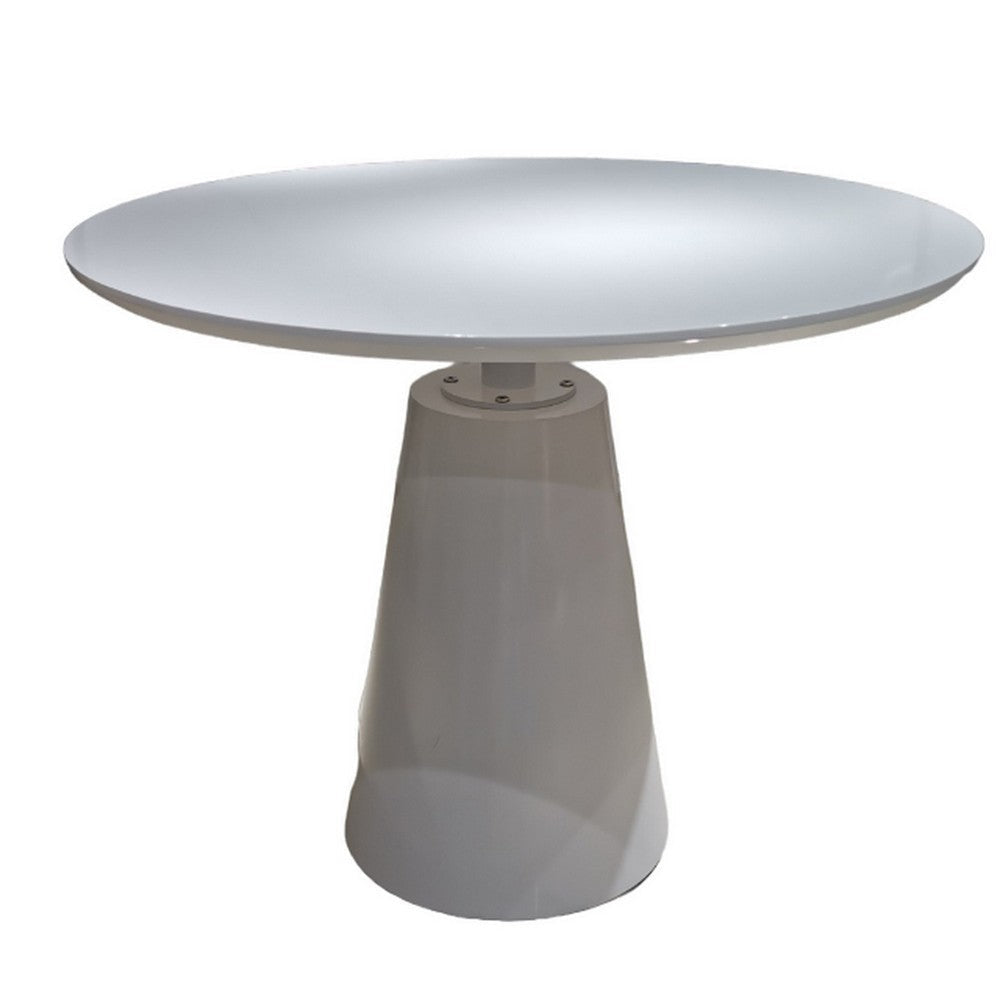 42 Inch Dining Table, Lacquer Round Tabletop, Pedestal Metal Base, White By Casagear Home