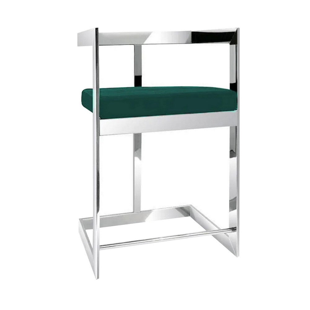 Dok 26 Inch Counter Height Stool, Green, Cantilever, Silver Stainless Steel By Casagear Home