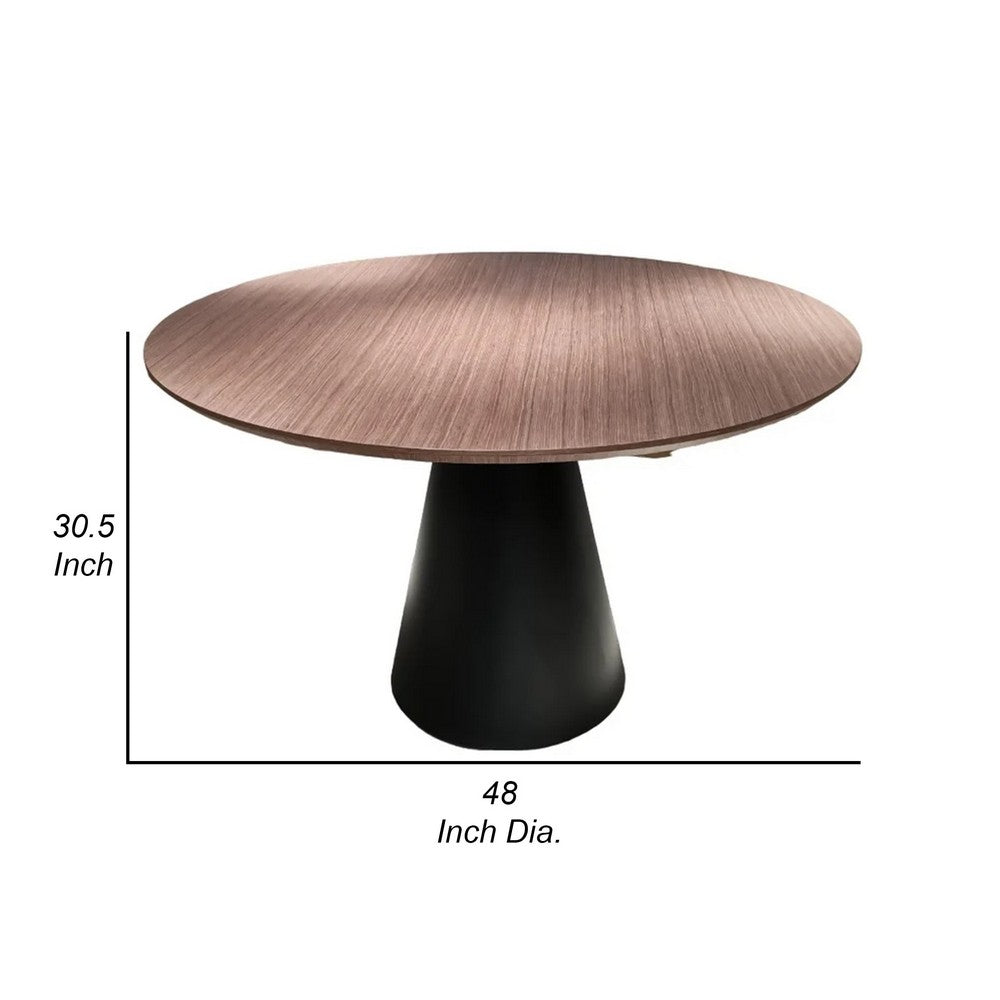 Nasa 49 Inch Modern Dining Table, Walnut Wood Surface, Black Pedestal Base