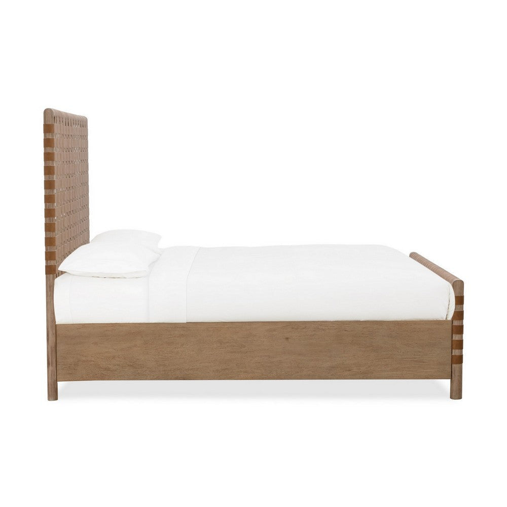 Dory King Size Bed Hand Woven Headboard Faux Leather Upholstery Brown