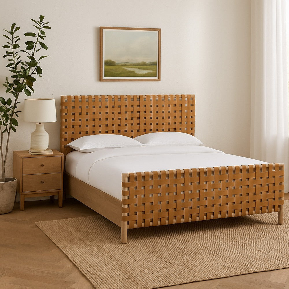 Dory King Size Bed, Hand Woven Headboard, Faux Leather Upholstery, Brown
