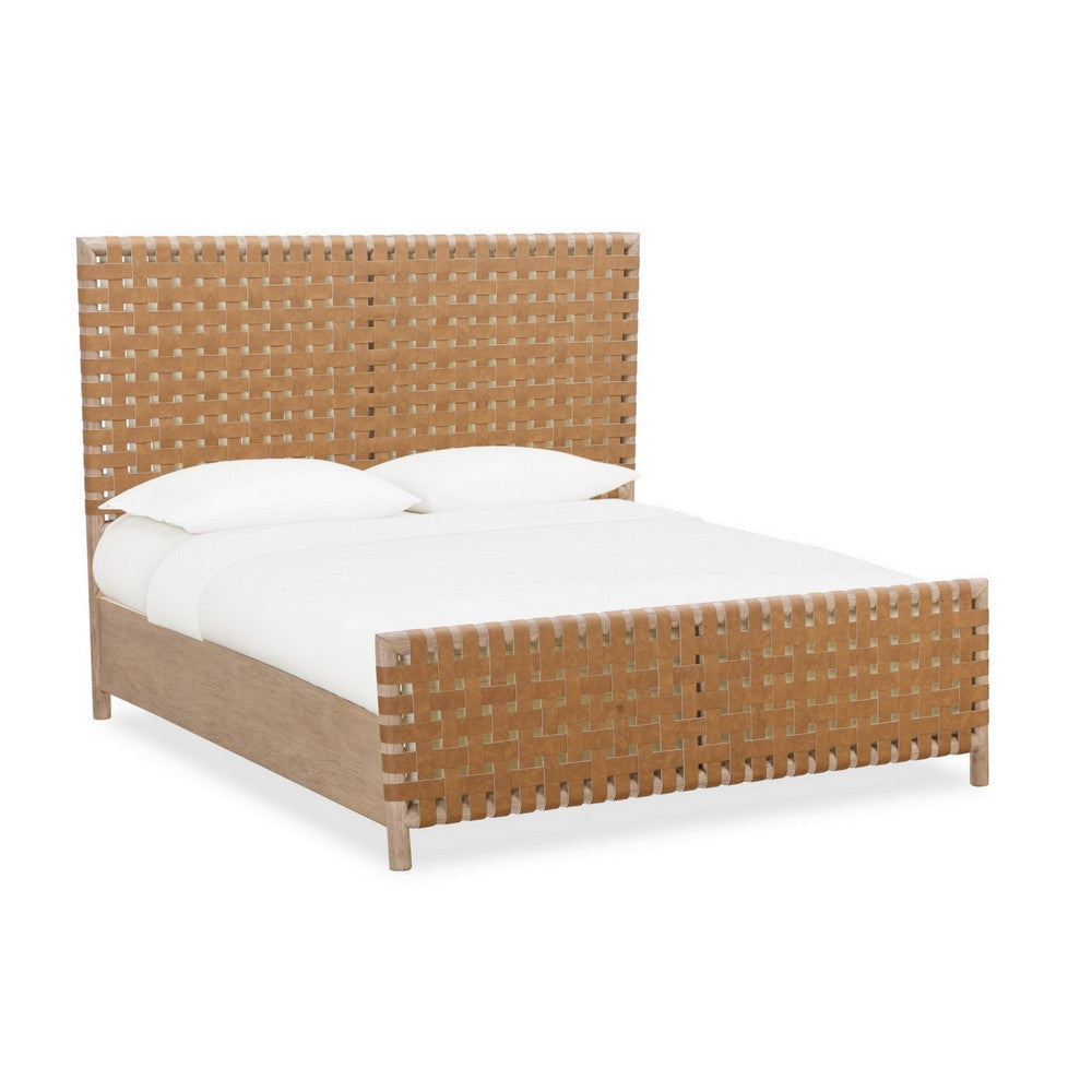 Dory King Size Bed, Hand Woven Headboard, Faux Leather Upholstery, Brown