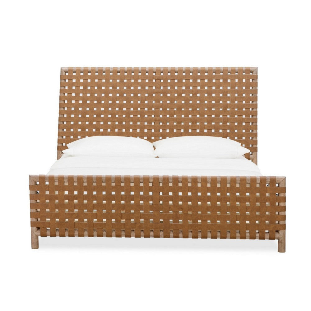 Dory Queen Size Bed Hand Woven Headboard Faux Leather Upholstery Brown