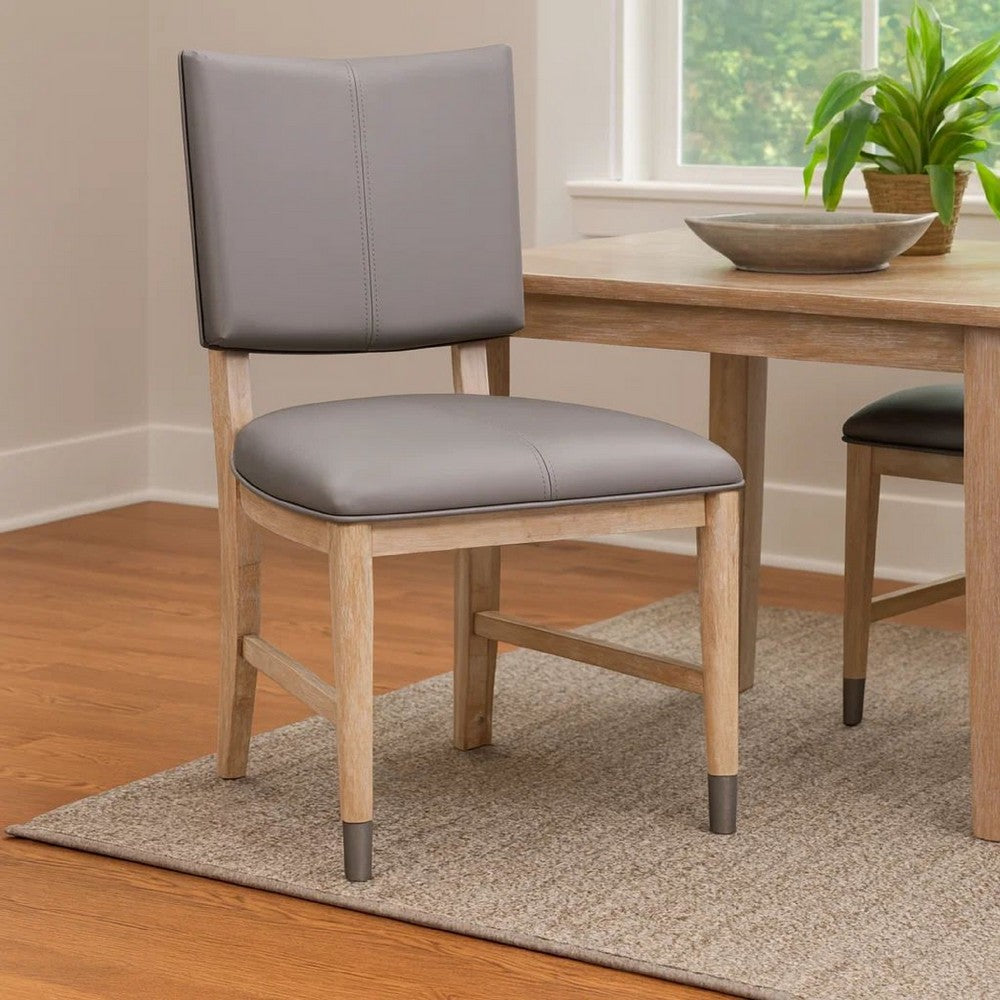 20 Inch Dining Chair, Faux Leather, Muted Natural Brown Wood Legs, Set of 2, Gray