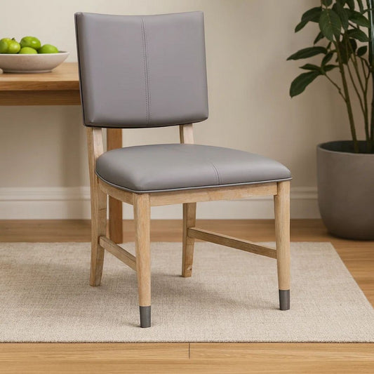 20 Inch Dining Chair, Faux Leather, Muted Natural Brown Wood Legs, Set of 2, Gray