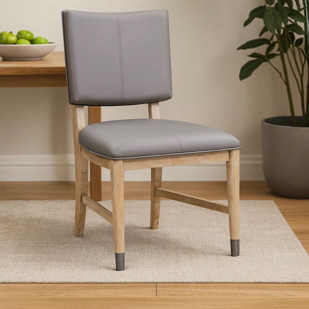 20 Inch Dining Chair, Faux Leather, Muted Natural Brown Wood Legs, Set of 2, Gray