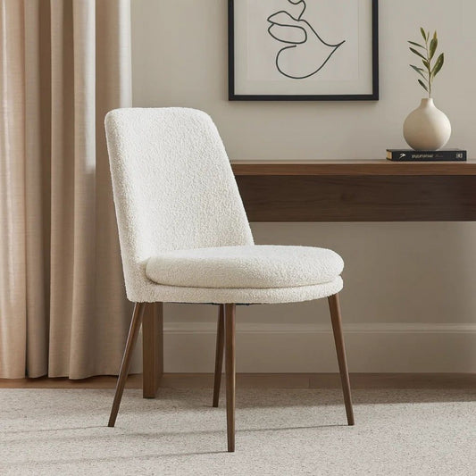Zame 20 Inch Dining Chair, Boucle Fabric, Tapered Legs, Set of 2, White, Brown