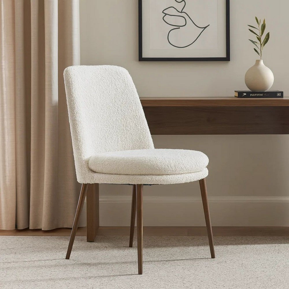 Zame 20 Inch Dining Chair, Boucle Fabric, Tapered Legs, Set of 2, White, Brown