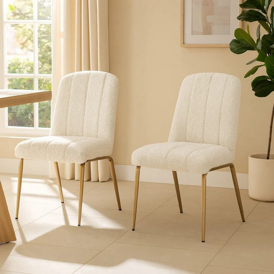 Rise 19 Inch Dining Chairs, Soft Boucle Upholstery, Set of 2, White, Bronze