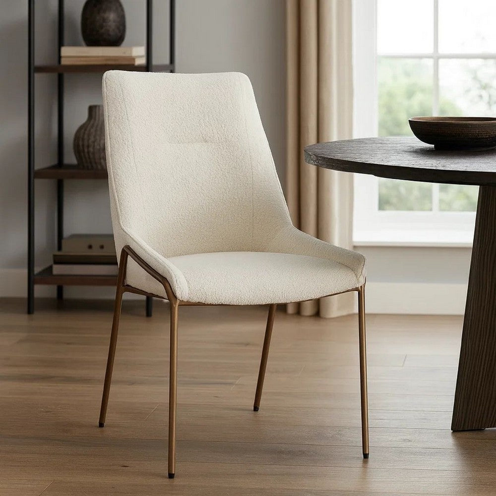 Rise 21 Inch Dining Chair, Boucle Upholstery, Tapered Legs, Set of 2, White, Bronze