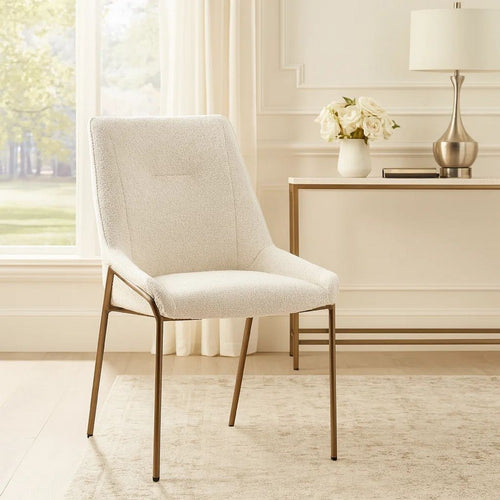 Rise 21 Inch Dining Chair, Boucle Upholstery, Tapered Legs, Set of 2, White, Bronze