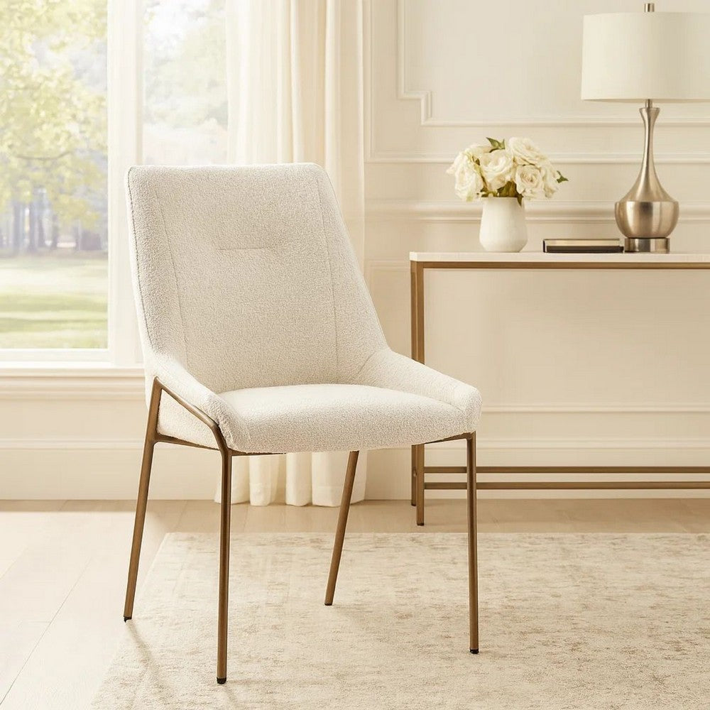 Rise 21 Inch Dining Chair, Boucle Upholstery, Tapered Legs, Set of 2, White, Bronze
