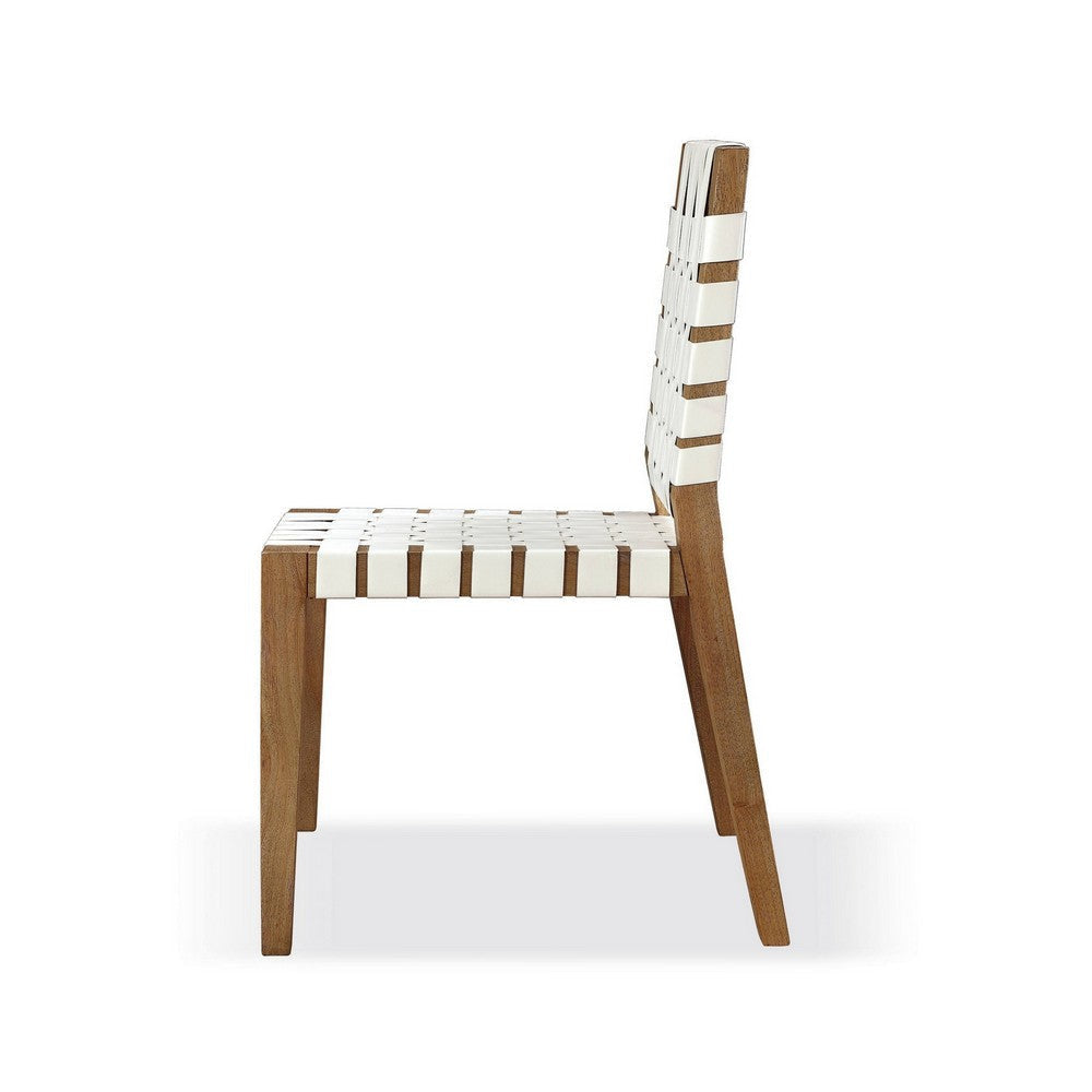 Rux 19 Inch Dining Chair Woven Faux Leather Seat Set of 2 White Brown Wood BM308472