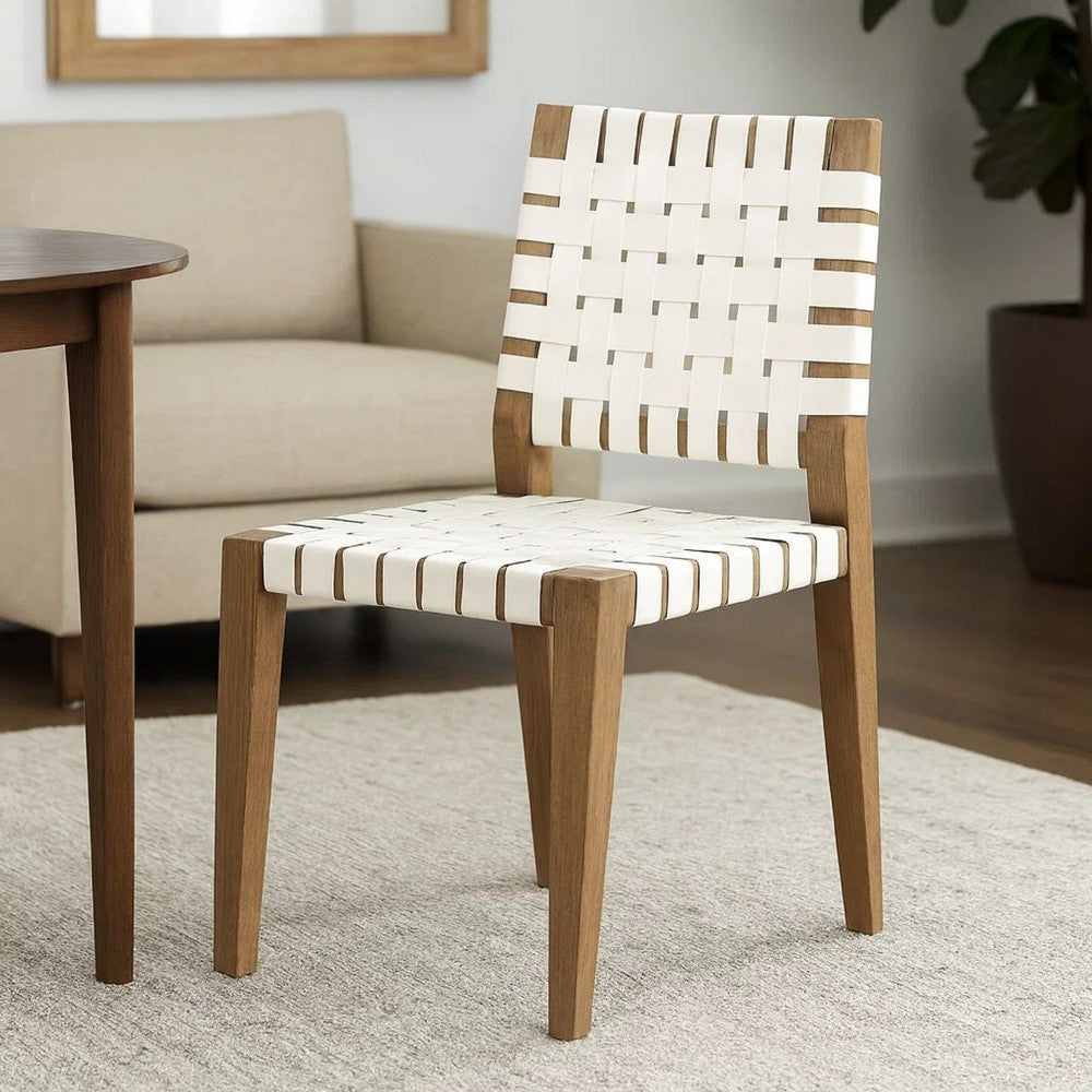 Rux 19 Inch Dining Chair, Woven Faux Leather Seat, Set of 2, White, Brown Wood
