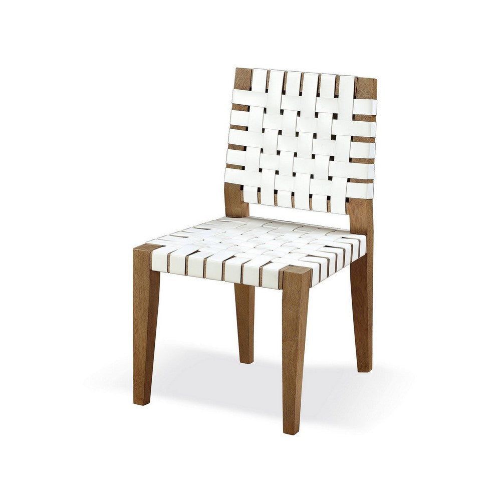 Rux 19 Inch Dining Chair, Woven Faux Leather Seat, Set of 2, White, Brown Wood