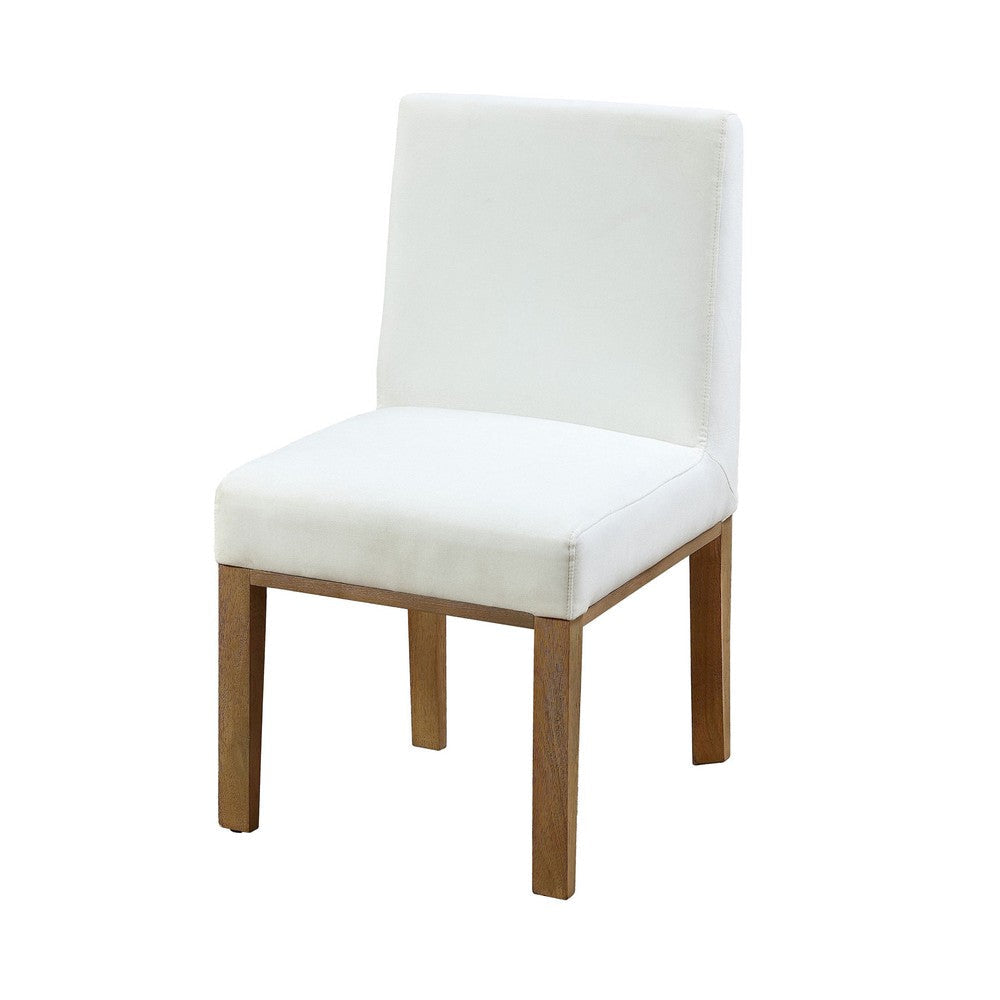 Rux 19 Inch Dining Chair, White Polyester, Wood Legs, Set of 2, White, Brown