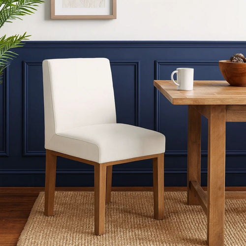 Rux 19 Inch Dining Chair, White Polyester, Wood Legs, Set of 2, White, Brown