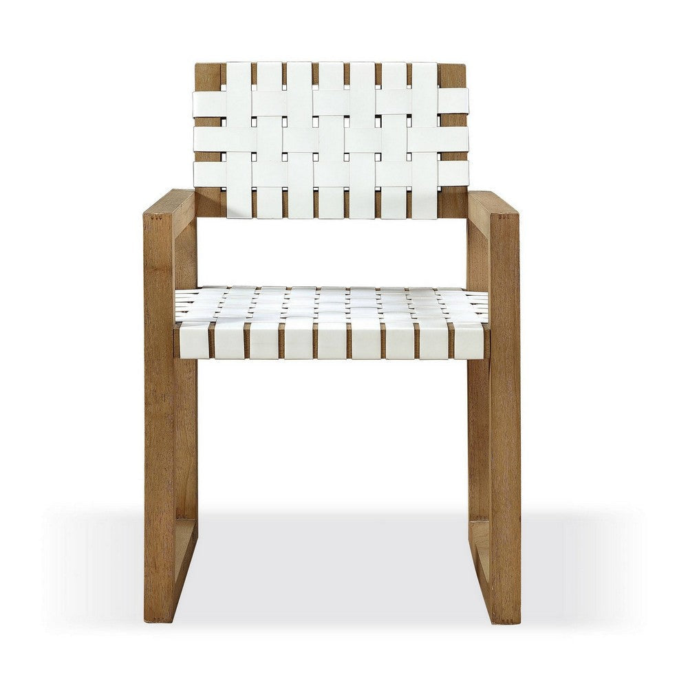 Rux Dining Armchair Faux Leather Woven Seat Sled Leg White Brown BM308491
