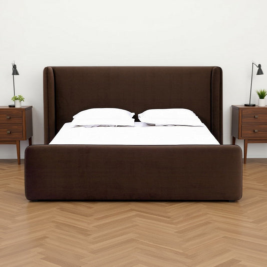 Baca Queen Platform Bed, Velvet Upholstery, Wingback Headboard, Brown