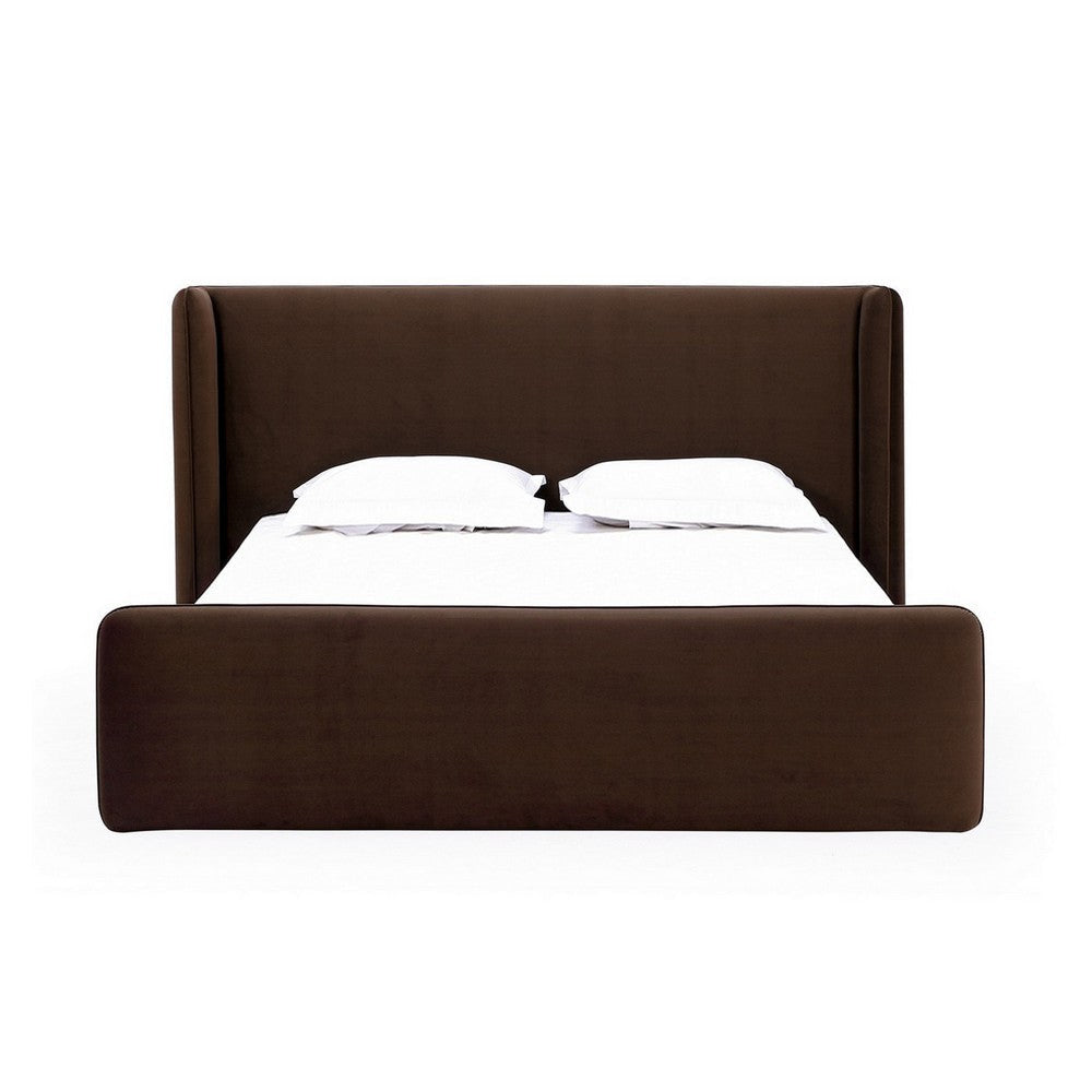 Baca Queen Platform Bed, Velvet Upholstery, Wingback Headboard, Brown