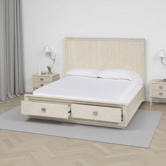 Maxi Queen Size Platform Bed, 2 Storage Drawers, High Headboard, Beige Wood