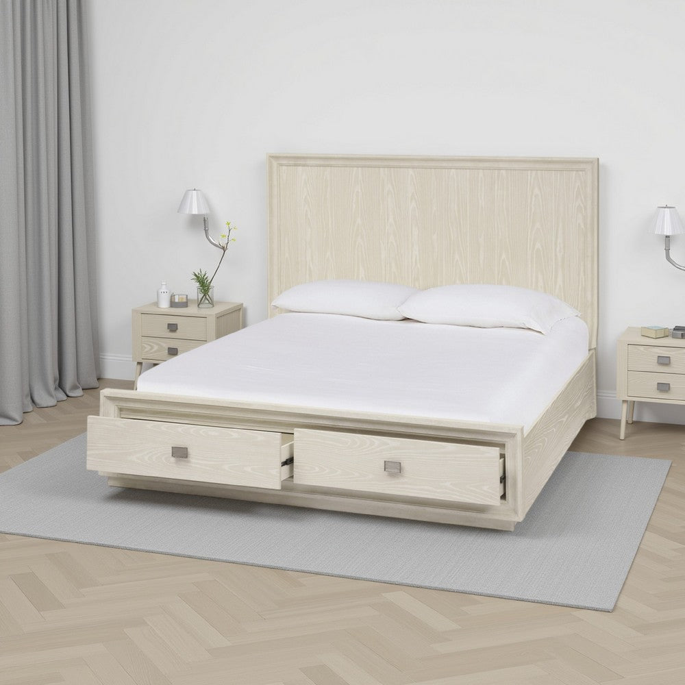 Maxi Queen Size Platform Bed, 2 Storage Drawers, High Headboard, Beige Wood