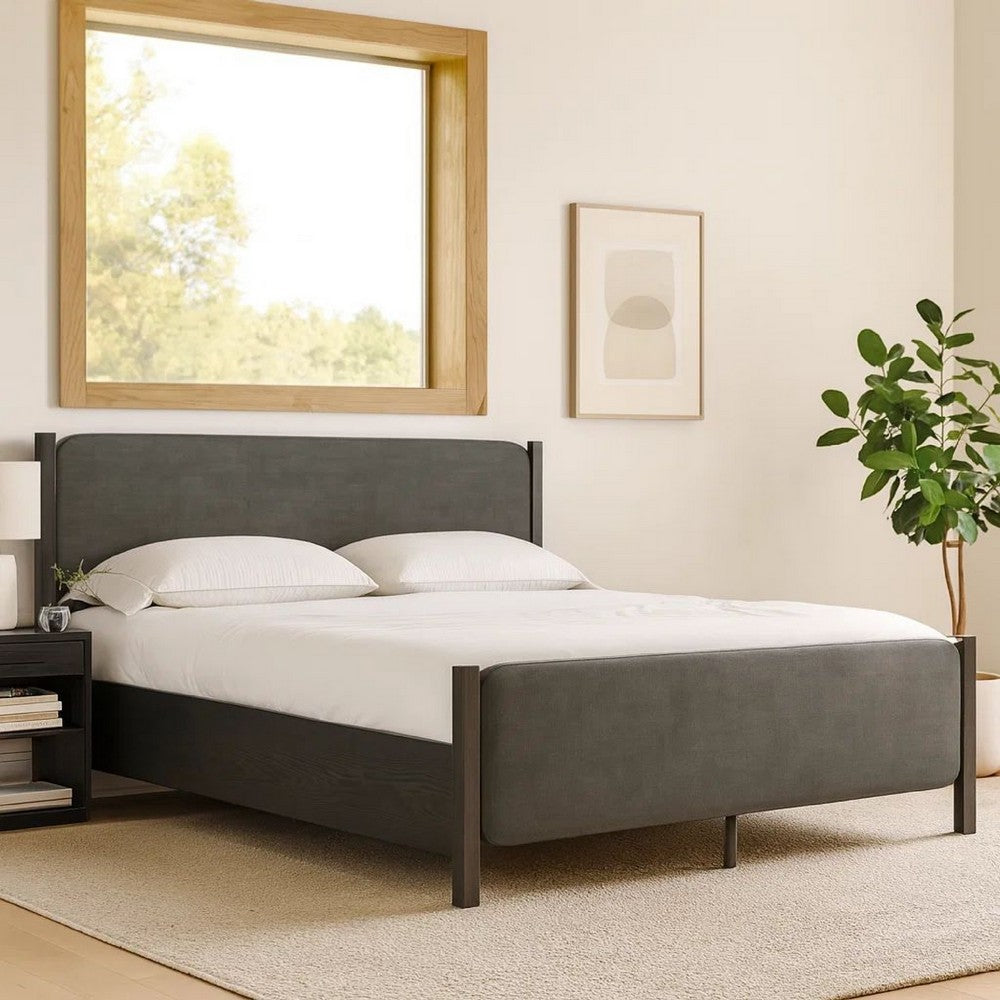 Cave King Bed, Velvet Upholstery, Square Posts, Gray Mahogany Mahogany Wood