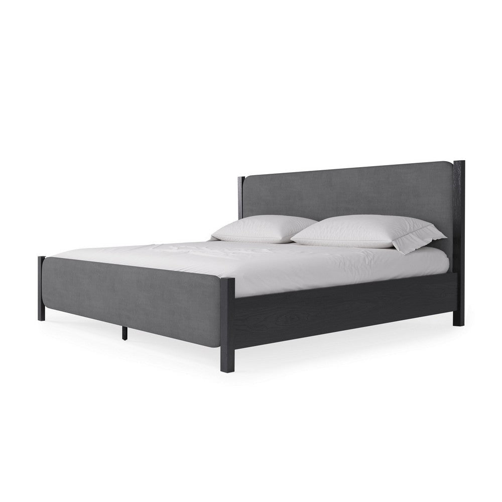 Cave Queen Bed Velvet Upholstery Squared Posts Dark Gray Mahogany Wood BM308504
