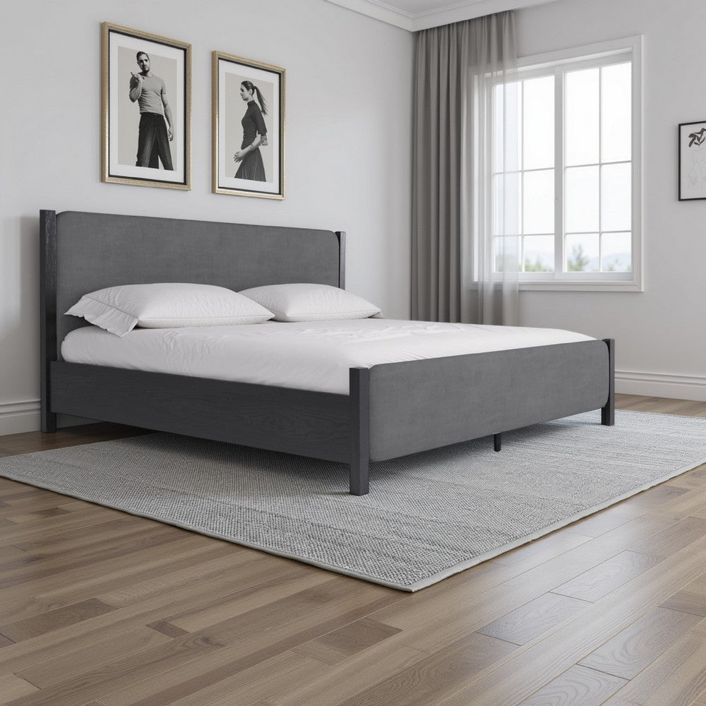 Cave Queen Bed, Velvet Upholstery, Squared Posts, Dark Gray Mahogany Wood